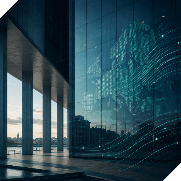 Modern building with glass facade featuring an abstract map of Europe and digital wave patterns.