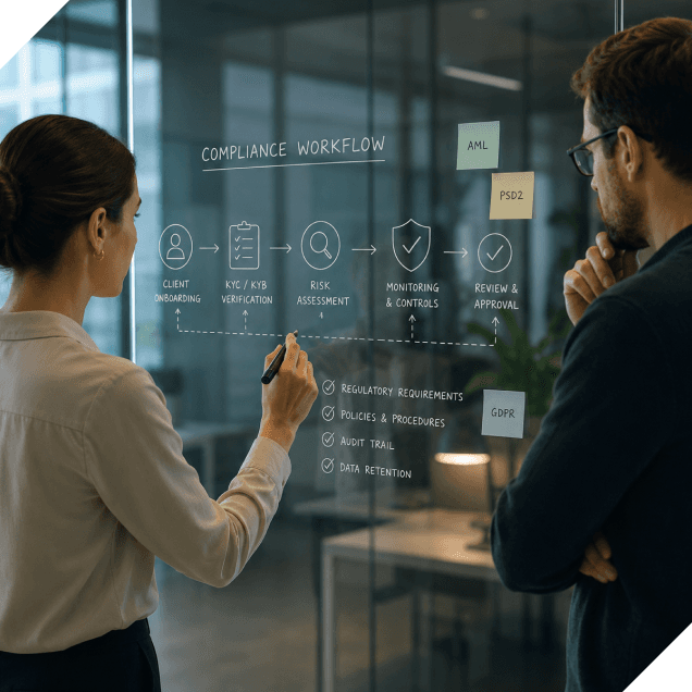 Two professionals discuss a compliance workflow diagram on a glass wall in an office setting.