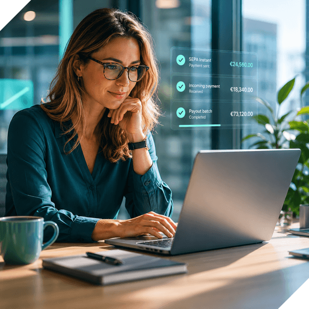 A woman in a teal blouse works on a laptop, focused, with plants and a coffee cup nearby.