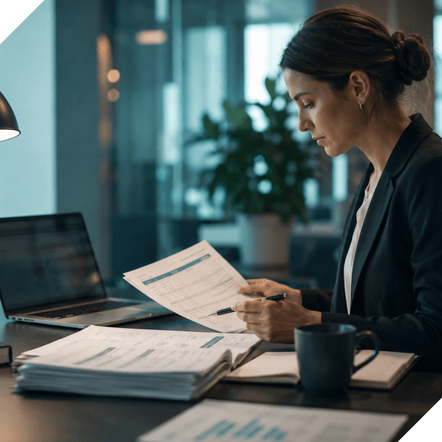 Businesswoman reviewing documents at a desk with a laptop and coffee cup in a modern office.