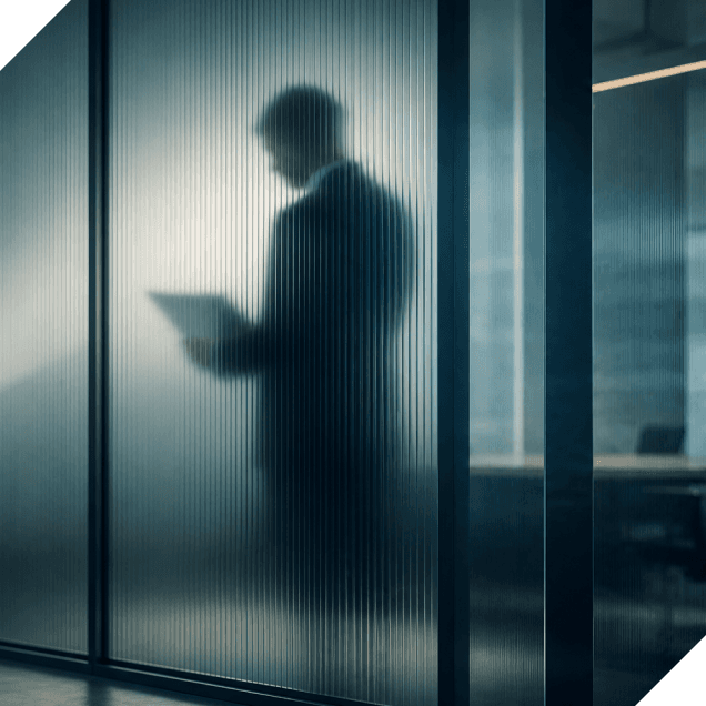 Silhouette of a person in a suit holding a tablet, viewed through frosted glass.
